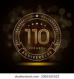 110th anniversary logo with golden laurel wreath and double line numbers, template design for anniversary celebration event, double line style vector design