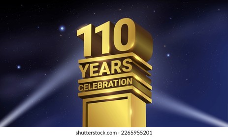 110th Years Celebration, 3D Gold Statue with Spotlights, Luxury Hollywood Light, Vector Illustration