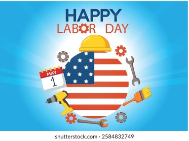 111 Labour Day or 1st may design vector illustration with building, cap and tools.