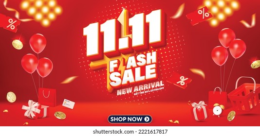 11.11 3D Flash sale banner template design for web or social media.