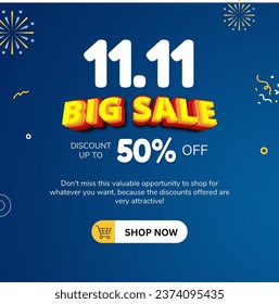 11.11 Big Sale Design With Blue Color Background For Social Media Post 