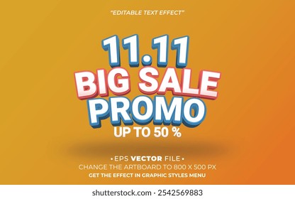 11.11 big sale promo text effect 3d colorful vector for social media sales or advertising