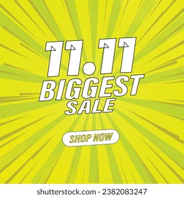 11.11 Biggest Sale Vector Banner Design. Biggest Offer Sale Banner Design for Social Media and Website Post Template in Yellow Theme. Editable EPS File. Happy Holidays and Christmas Eve.
