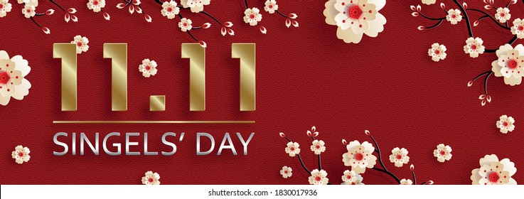 11.11 Chinese shopping day sale poster with gold paper cut art and craft style on color background with asian elements for the global shopping world singes’ day (translate : chinese singel day sale)