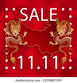 11.11 Chinese shopping day sale poster with gold paper cut art and craft style on color background with asian elements for the global shopping world singes’ day