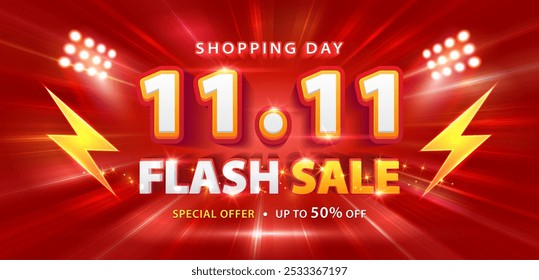 11.11 fundo de venda flash desconto. Ilustração vetorial para o dia de compras, compras on-line, cupom de oferta especial, voucher, modelo de banner, sites, publicidade de mídia social.