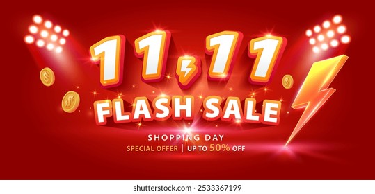 11.11 discount flash sale background. Vector illustration for shopping day, online shopping, special Offer coupon, voucher, banner template, websites, social media advertising.