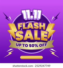 11.11 Flash Sale banner featuring vibrant lightning icons and bold typography on a purple background, offering discount. Perfect for promoting limited-time deals!