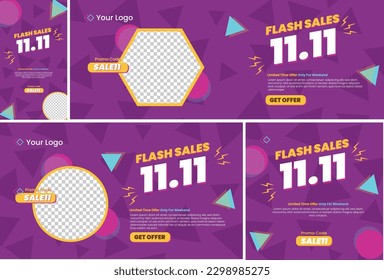 11.11 Flash Sale Banner Promo Discount November Sale. Template for online shop banner. Banner set with Social post and stories.