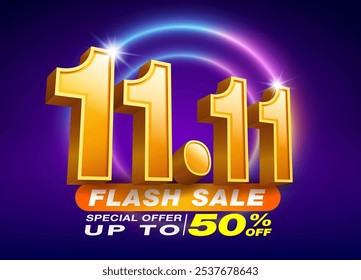 11.11 Flash Modelo de compras de venda com texto 3D número 11 em fundo escuro e luzes de neon LED coloridas. Campanha de vendas Flash, oferta especial de até 50% de desconto, promoção para publicidade.