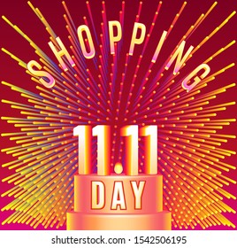 11.11 Global shopping day banner. Chinese sales day. Discount special offer marketing poster. Crazy sales online. World Singles Day. Bright design  in red colors  for promotion. Vector illustration.