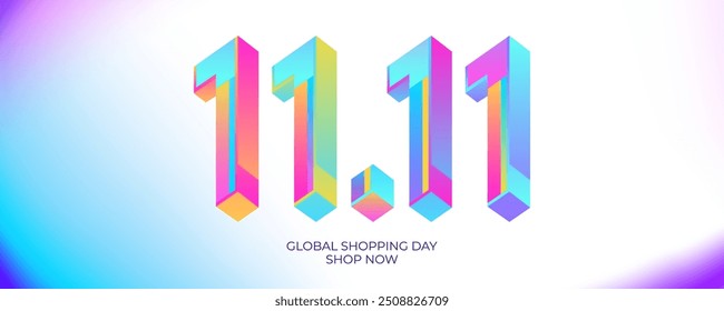 11.11 Día Mundial de las Compras. Anuncio comercial para la promoción de la venta, compras del descuento y publicidad. Gradientes de colores brillantes. Ilustración vectorial.