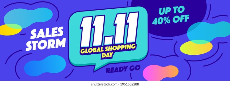 11.11 Global shopping Sale horizontal banner or Promotion on blue background. Online shopping vector illustration.