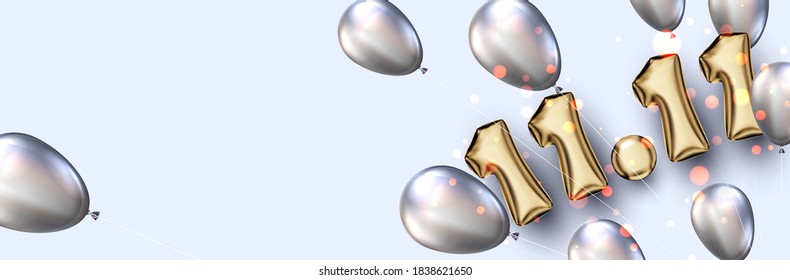 11.11 golden foil balloon sign on blue background. Oval silver balloons. Global shopping world day. Mega sale. Space for text. Vector illustration.