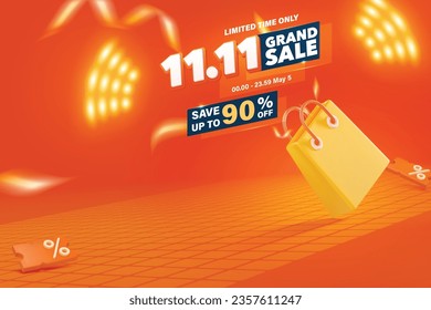 11.11 Grand sale banner with 3D Style vector shopping bag  are available for use on online shopping websites or in social media advertising.