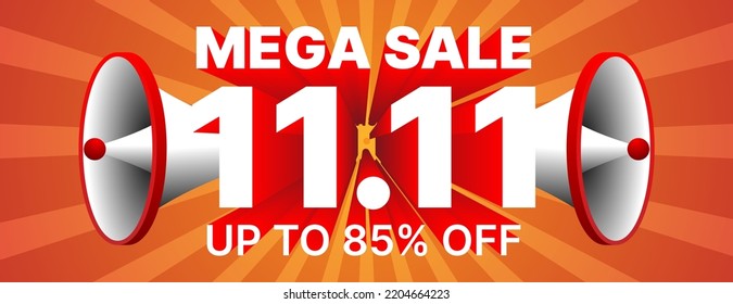 11.11 mega sale banner design with megaphone in red and white color