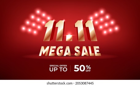 11.11 Mega sale banner template. Golden numbers 11.11 on red background.