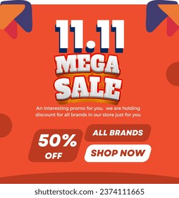 11.11 Mega Sale Design With Orange Background For Social Media Post 