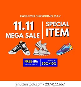 11.11 Mega Sale Design With Orange Background For Social Media Post 