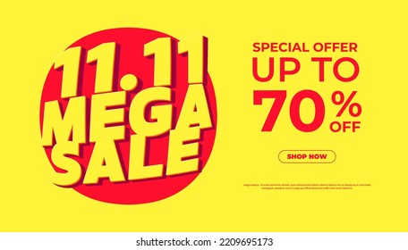 11.11 Mega Sale Shopping Day Poster Or Banner. Special Offer Up To 70% Off Banner Template Design For Social Media And Website.