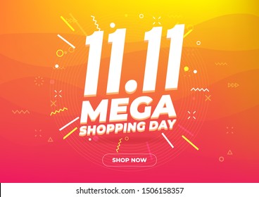 11.11 Mega Shopping Day Sale Poster Or Flyer Design. Global Shopping World Day Sale On Colorful Background. 11.11 Crazy Sales Online.