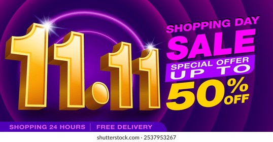 11.11 Promotion banner template. 3D text number 11 on a dark background and neon LED lights. Special offer campaigns up to 50% off designed for advertising. social media Online shopping.