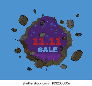 11.11 SALE 3d word exploding from Broken wall with dark night sky background inside the Hole in the wall, Break the wall concept, Comics style. vector illustration