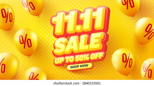 11.11 Sale 50% off poster or flyer design for Retail,Shopping or Promotion in yellow and red style.Global Sale banner and poster template yellow balloons.Vector illustration eps 10