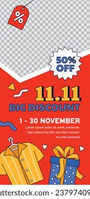 11.11 sale background. single's day sale. 11.11 Shopping festival promotion. Vector illustration Template for Poster, Banner, Flyer, Card, Post, Cover. Singles Day discount concept.