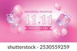 11.11 sale banner template design with gift box and balloon for web or social media. 3d illustration vector premium.