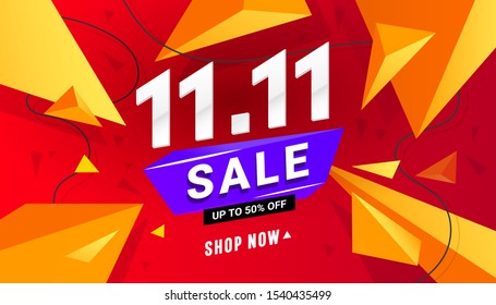 11.11 sale banner template design with triangular polygonal shapes on a red background for special offers, sales and discounts. Limited time offer