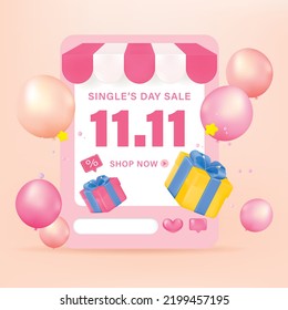 11.11 sale banner template design with balloon for web or social media. 3d render.