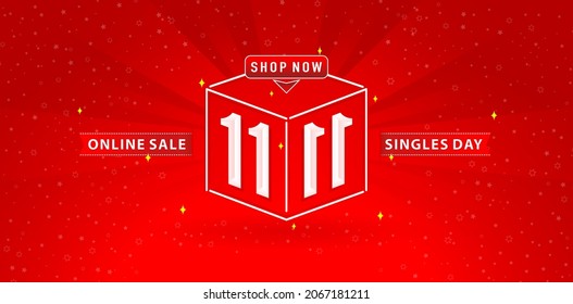 11.11 Sale Illustration Cube Model Number Sign Red Ribbon With Gradient Red Background, Applicable For Online Shop Sign, Poster, Flyer, Social Media Banner, Label Promotion Store And Web Banner.