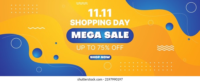 11.11 sale shopping day banner design template in blue and orange color with fluid shapes