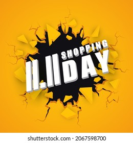 11.11 Shopping Day Banner. Exploding Wall. Vector Background