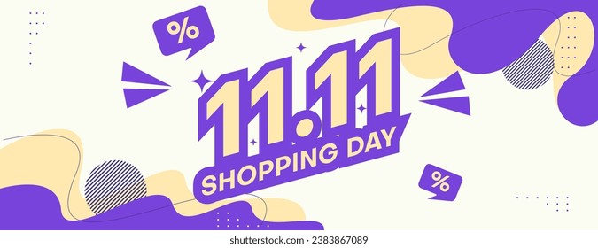 11.11 shopping day banner vector design in purple and cream color with abstract geometric background