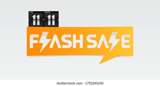 11.11 Shopping day flash sale banner, discount labels with thunder symbol, flip clock template design paper cut style. July special offer poster or flyer design in orange color speech bubble. Vector.