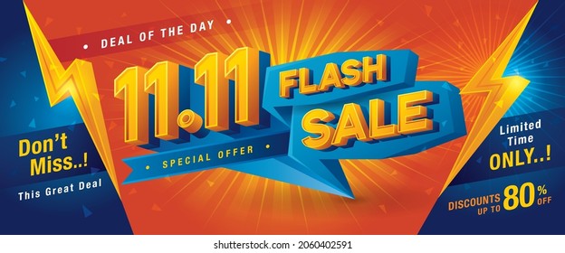 11.11 Shopping Day Flash Sale Banner Template design special offer discount, Shopping banner template, Abstract flash Sale Web Header template design for Sale and discount labels. promotion poster