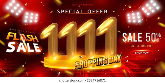 11.11 Shopping Day Flash Sale Design. 11.11 Crazy sales online. 3D Eleven Number on Podium and Falling Confetti on Red Background. Mega sale. Special Offer Sale 50% Off campaign or promotion. Vector.