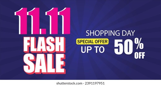  11.11 Shopping day flash sale poster or flyer design vector illustration with red background,. Discount up to 50% Off. social media post design Editable EPS file. 