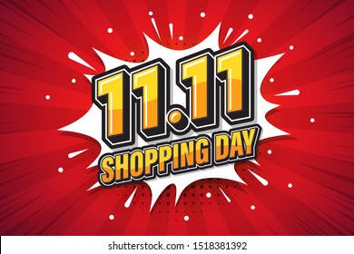 11.11 Shopping day font expression pop art comic speech bubble. Vector illustration