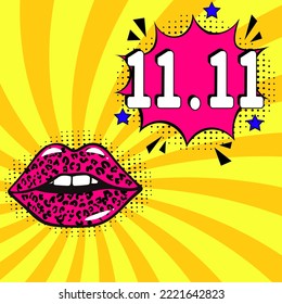 11.11. Shopping Day-Font-Ausdruck Pop-Art Comic-Sprechblase. Konzept des Verkaufs. 11.11 Die Popkunst Comic-Sprachblase im Großverkauf. Vektorgrafik.