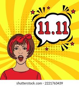 11.11 Shopping Day font expression pop art comic speech bubble. Concept of Sale. 11.11 Big sale font expression pop art comic speech bubble. Vector illustration.