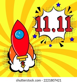 11.11 Shopping Day font expression pop art comic speech bubble. Concept of Sale. 11.11 Big sale font expression pop art comic speech bubble. Vector illustration.
