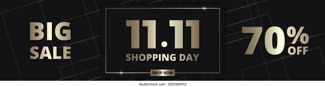 11.11 Shopping day golden luxury elegant hot sale promotion wide banner. 11 november sale horizontal banner template gold design. Big sale limited time offer social media post luxury wide banner.