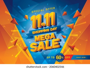 11.11 Shopping Day Mega Sale Banner Template design special offer discount, Shopping banner template, Abstract Geometric Web Header template design for Sale and discount labels. Sale promotion poster.