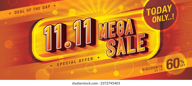 11.11 Shopping Day Mega Sale Banner Template design special offer discount, Shopping banner Condensed Font, Abstract Geometric Web Header template for Sale and discount labels. Sale promotion poster.