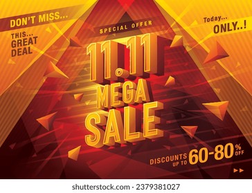 11.11 Día de compras Mega venta Plantilla de banner de diseño especial de oferta, banner de compras Tipo de letra condensada, Abstract Yellow Bubble Web Header plantilla para etiquetas de descuento de venta. Cartel de promoción de ventas.