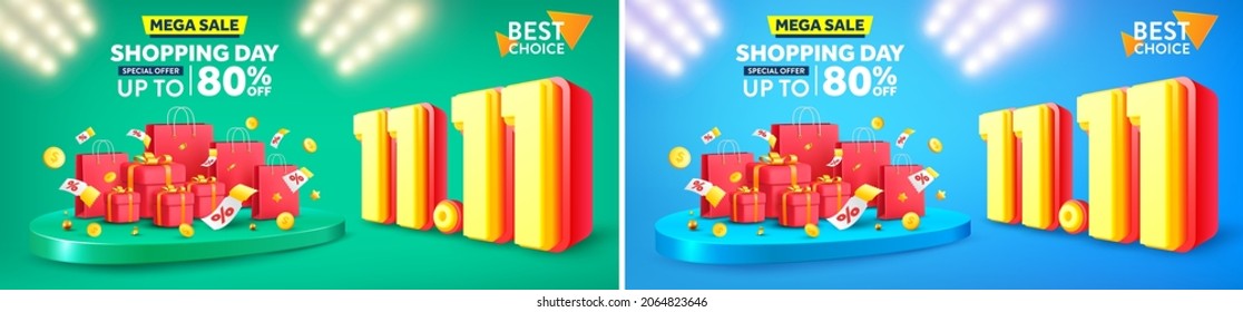 11.11 Shopping day Poster or banner with gift box and shopping bag on green and blue podium scene.11 november sales banner template design for social media and website. Vector illustration eps 10