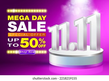 11.11 shopping day sale banner with spotlight led background. November eleven sale banner template for social media and shopping online.